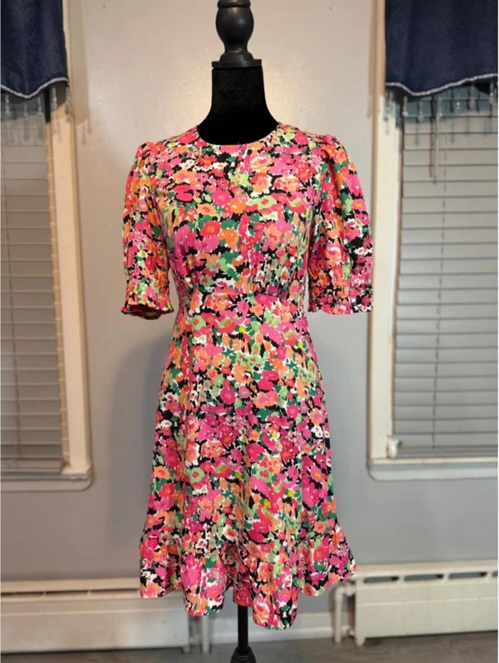 Floral Mini Dress Cottagecore Puff Sleeve Ruffle Hem Pink Green Spring XS
